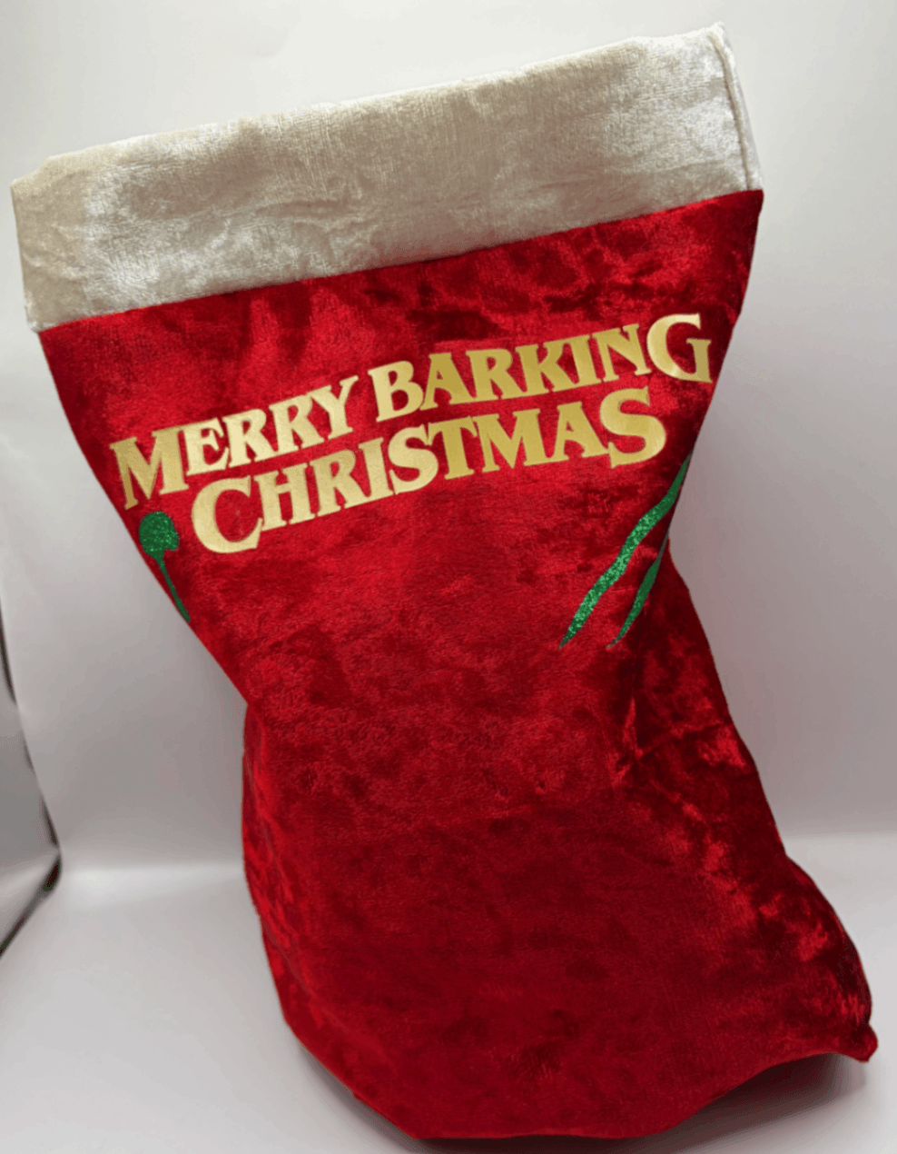 Red velvet Fur Baby Santa Sack with Jingle All the Way and Santa Paws design