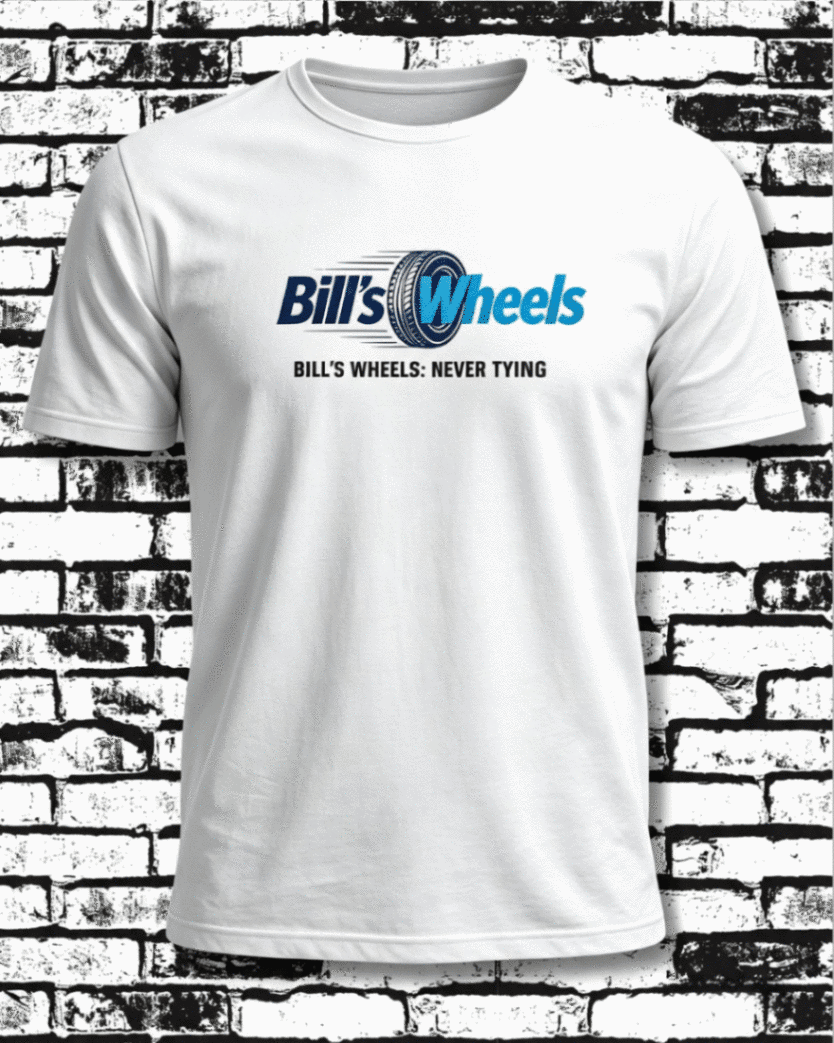 White T-shirt printed with the blue Bill's Wheels wordmark, photographed against a brick wall